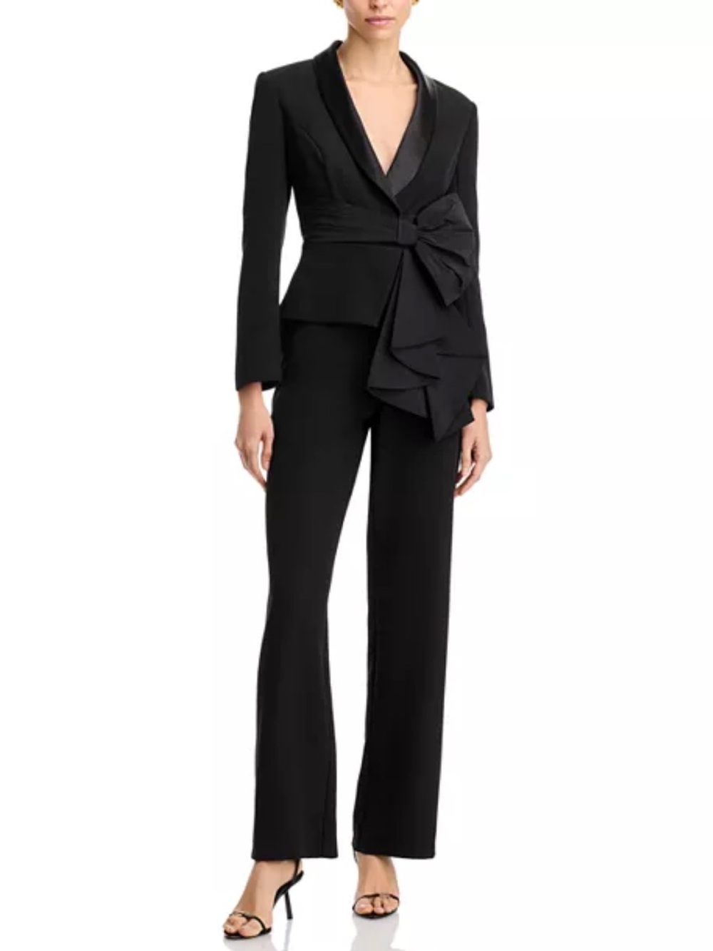 Aidan Mattox Bow Trim Jumpsuit Black Satin Straightleg Stretch Crepe Jumpsuit 10